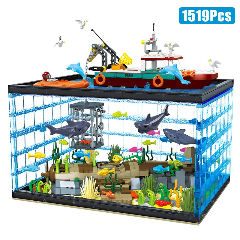 Creative Exploration Marine Organisms Fish Tank Building Blocks Simulation Fishing Boat Underwater With Lights Bricks Toys Gift