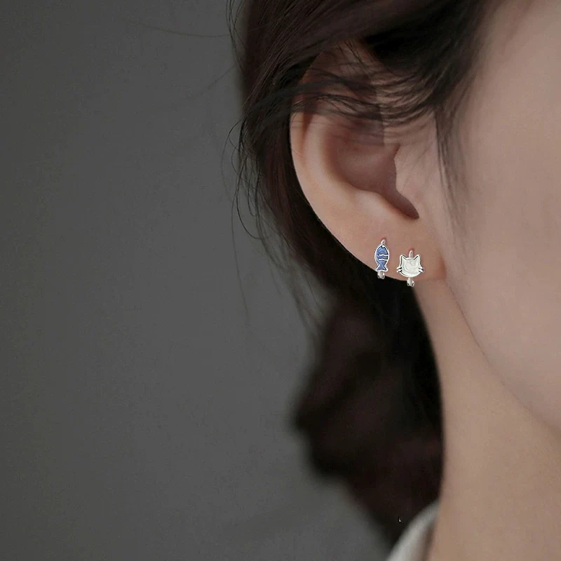 Blue White Cat Fish Ear Buckle Cute New Style Earrings with Ocean Theme Ear Jewelry Asymmetric Earrings For Women KOFSAC view 2