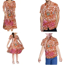 Wholesale Family Set Clothes Polynesian Print 4pcs Matching Clothing for Family 2-16year Old Little Girls Dresses Boy T Shirts