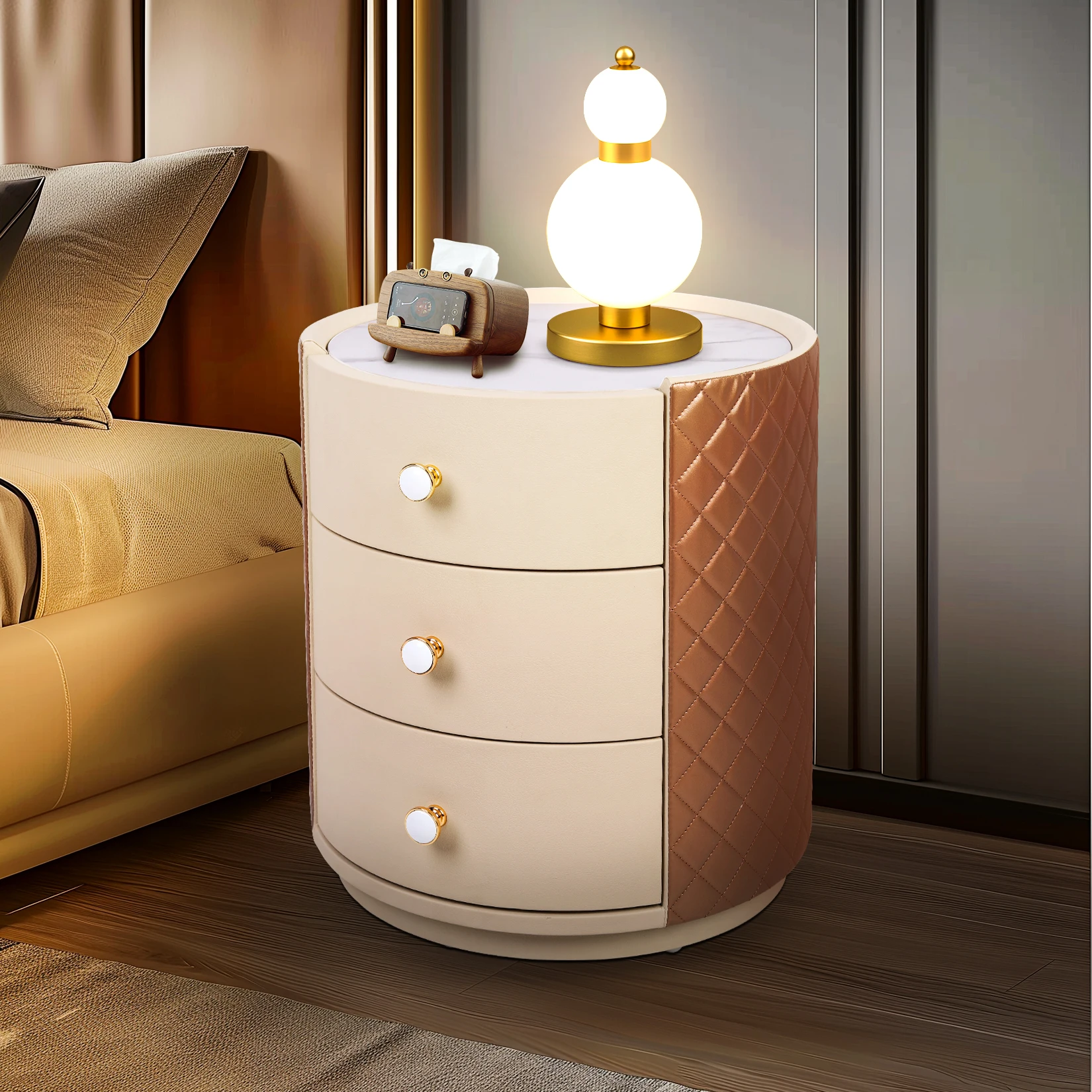 Wisfor Round Nightstand with 3 Drawers  PVC Leather Surface  Modern Style Table Storage Cabinet for Living Room Bedroom