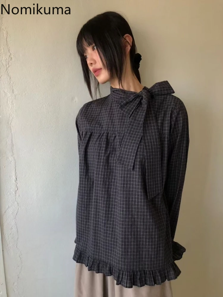 

Japanese Blouses Women's Clothing 2025 Camisas De Mujer Long Sleeve Bandage Loose Shirts Sweet Bow Plaid Vintage Blouse Tops