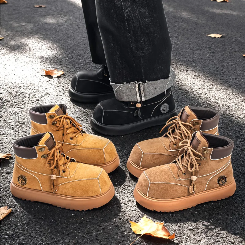 

Winter Trend Shoes for Men Boots Suede Leather Big Toe Casual Shoes Youth Capybara Thick-soled Short Motorcycle Boots