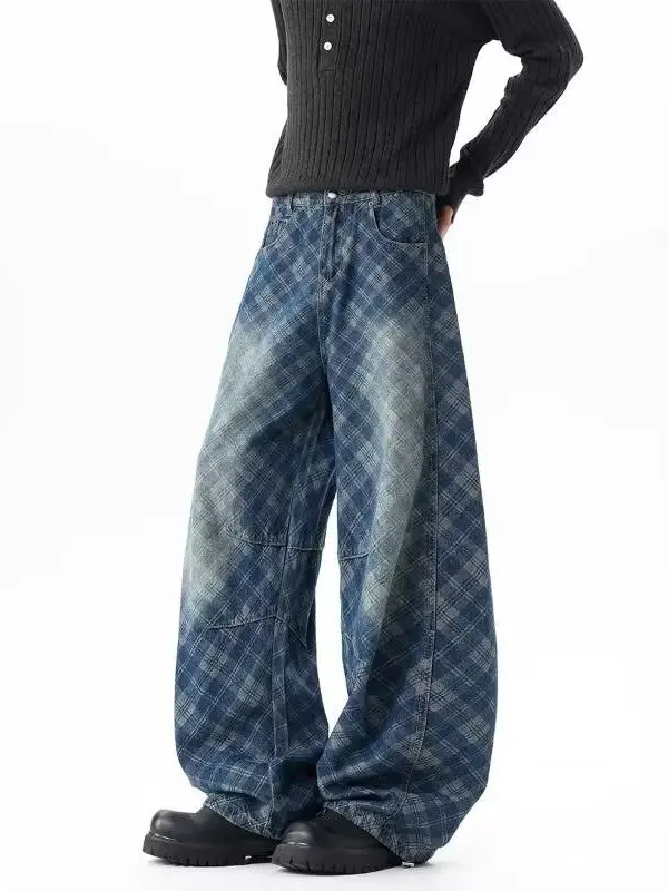 

American Sle Plaid Knife Jeans Men's Loose Wide Leg Pants High Street Loose Flared Long Trousers for Men And Women