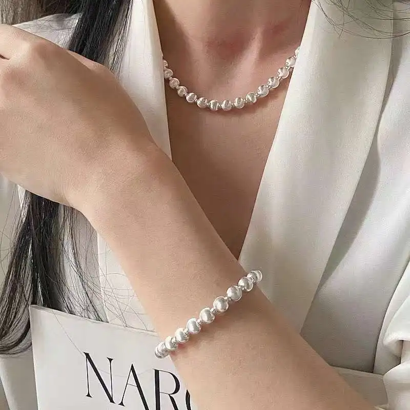 

S925 Silver European and American Noble Light Luxury Windmill Flower Silver Bead Bracelet Round Bead Cat Eye Fashion Necklace