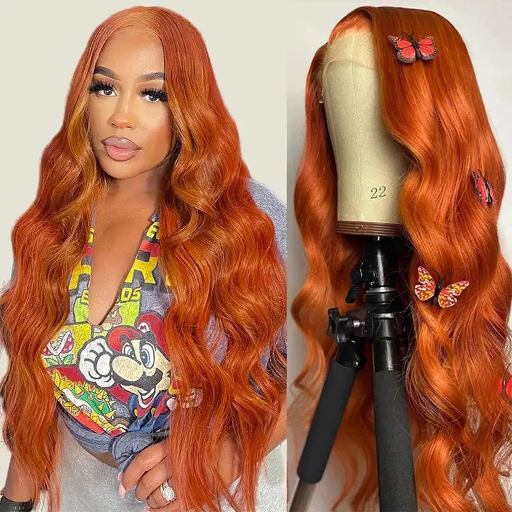 Perruque Lace Front Wig Body Wave brésilienne naturelle, cheveux humains, sans colle, 13x4, 350, orange vidéo 200%, pour femmes africaines