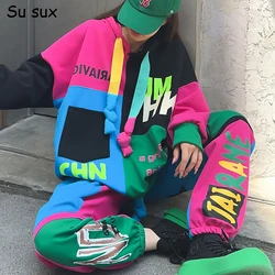 Multicolour Patchwork Hooded Sweatshirt and Sweatpants 2 Pieces Sets Women Outfits Casual Oversized Cargo Pants Sets Y2k Bust132