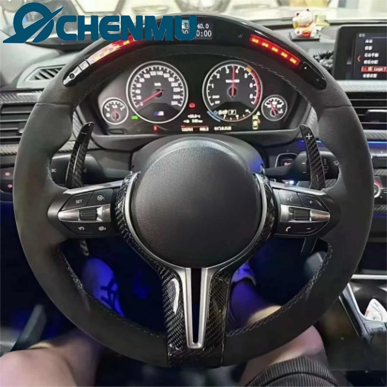 Volante deportivo LED M para BMW F10 F15 F22 F30 F32 M3 F80 M4 F82 M2 F87 M5 F90 E70 E90 E92 con embellecedor de carbono Alcantara completo