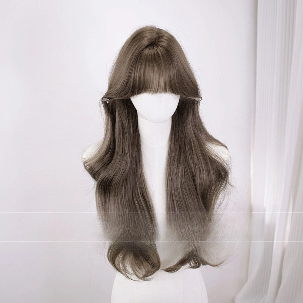 

Wig woman daily long curly hair summer new Korean sweet and realistic Qi bangs jk full headgear