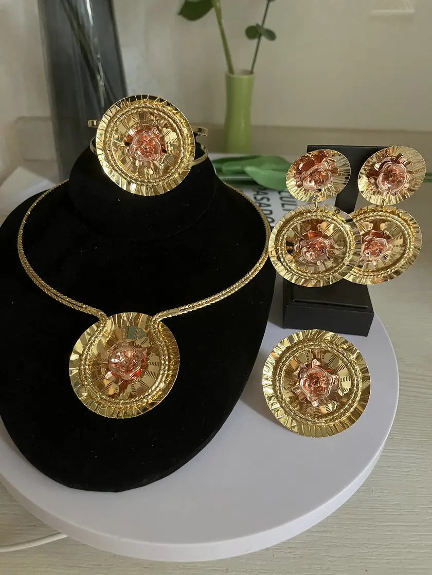 Luxury African Women Gold Plated 4pcs Jewelry Set Bridal Wedding Necklace Earrings Ring Bracelet Party Gifts