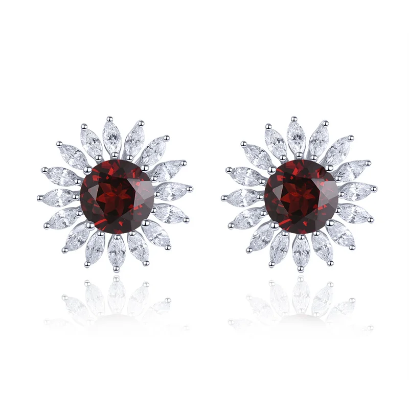 

Genuine 2 Carats Solid Sterling Silver 925 Stud Earrings Original Natural Garnet Flower Shape Christmas Gift Birthstone