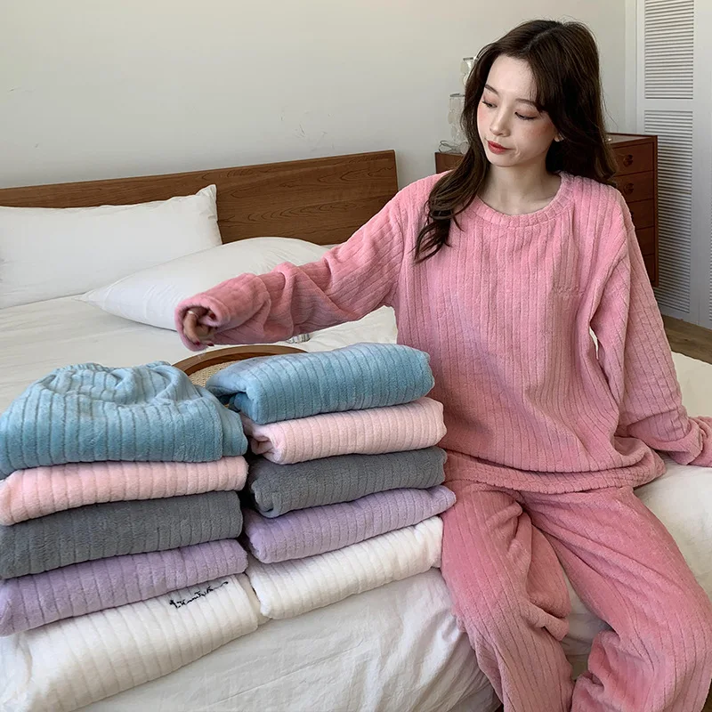 Women Pajama Sets 2024 Spring Autumn New Warm Thicken Sleepwear 2 Piece Set Cozy Coral Fleece Home Casual Wear Loungewear Suit