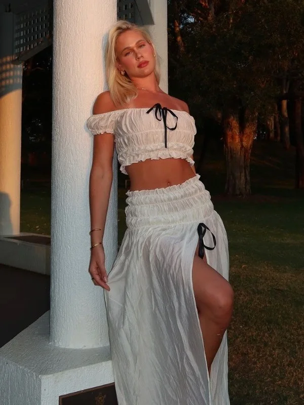 

Sexy Pure Desire Spicy Girl Personali Vaion Sle One oulder Strapl Pleated Split f Skirt Set Women's Faion