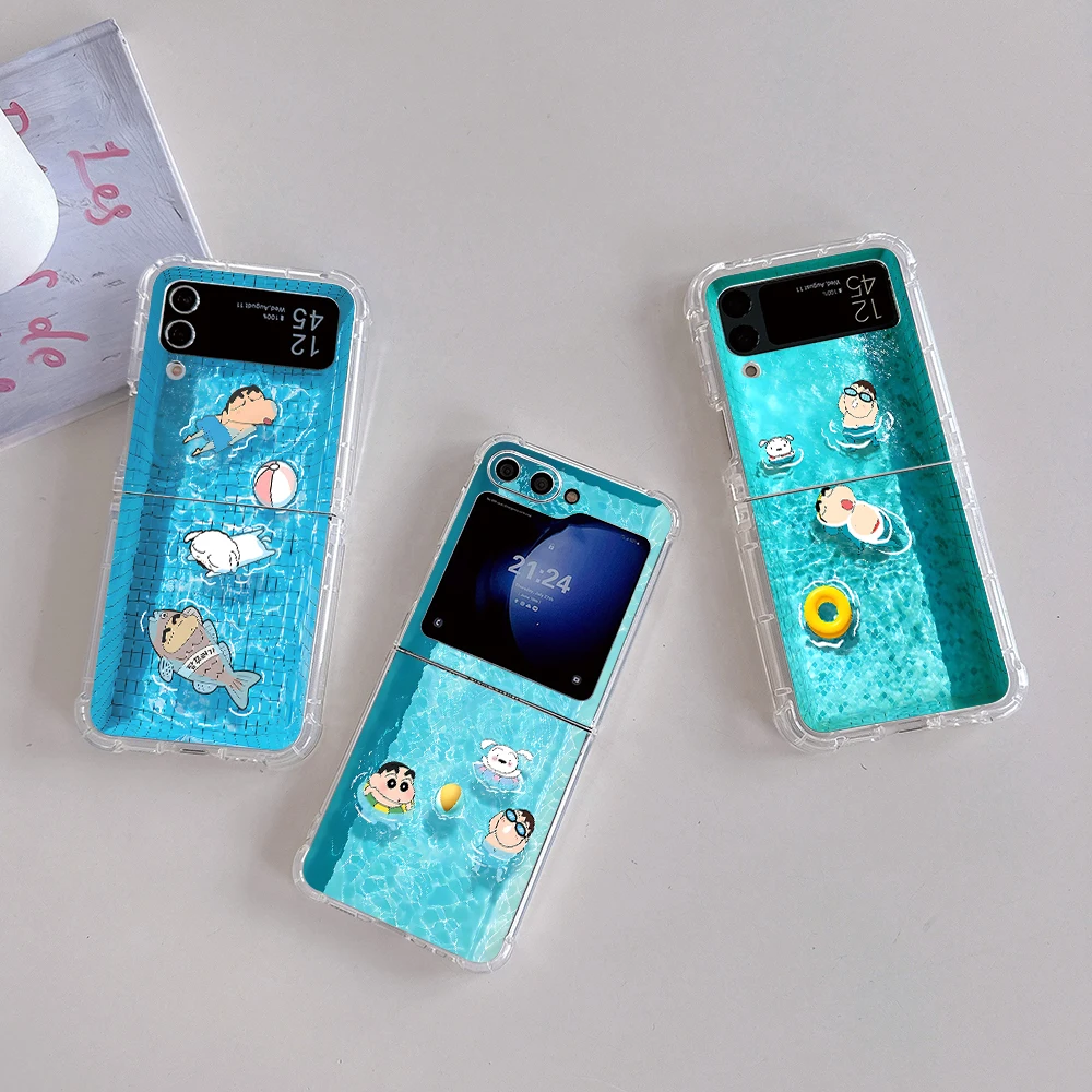 Letnie fajne pływanie śmieszne etui na telefon do Samsung Galaxy Z Flip 3 4 Z Flip 5 6 Z Fold 5G PC Miękka, zapobiegająca upadkom tylna obudowa Shin-chans