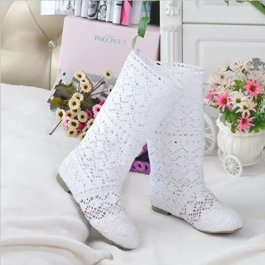 Women\'s spring high boots wool hollow boots fashion luxury brand summer white lace boots ladies hollow flat casual shoes