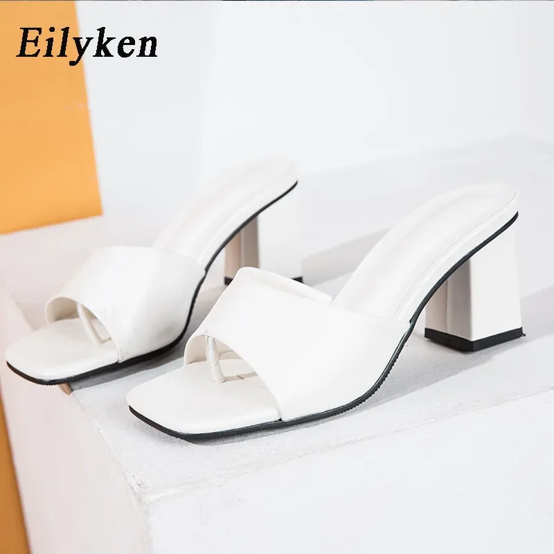 Eilyken Designer Cozy Pu Leather Women Slipper Outdoor Elegant Sandals Square High Heels Clip Toe Slip On Ladies Slides Shoes