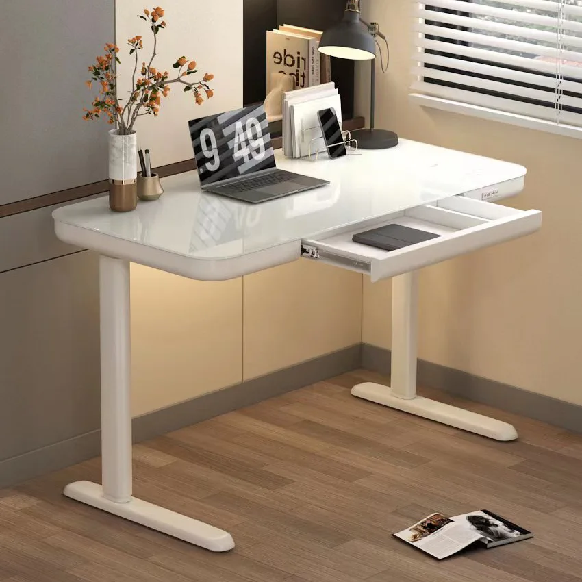 Meja lipat baru, untuk rumah, ruang belajar, kaca tempered, kaki logam