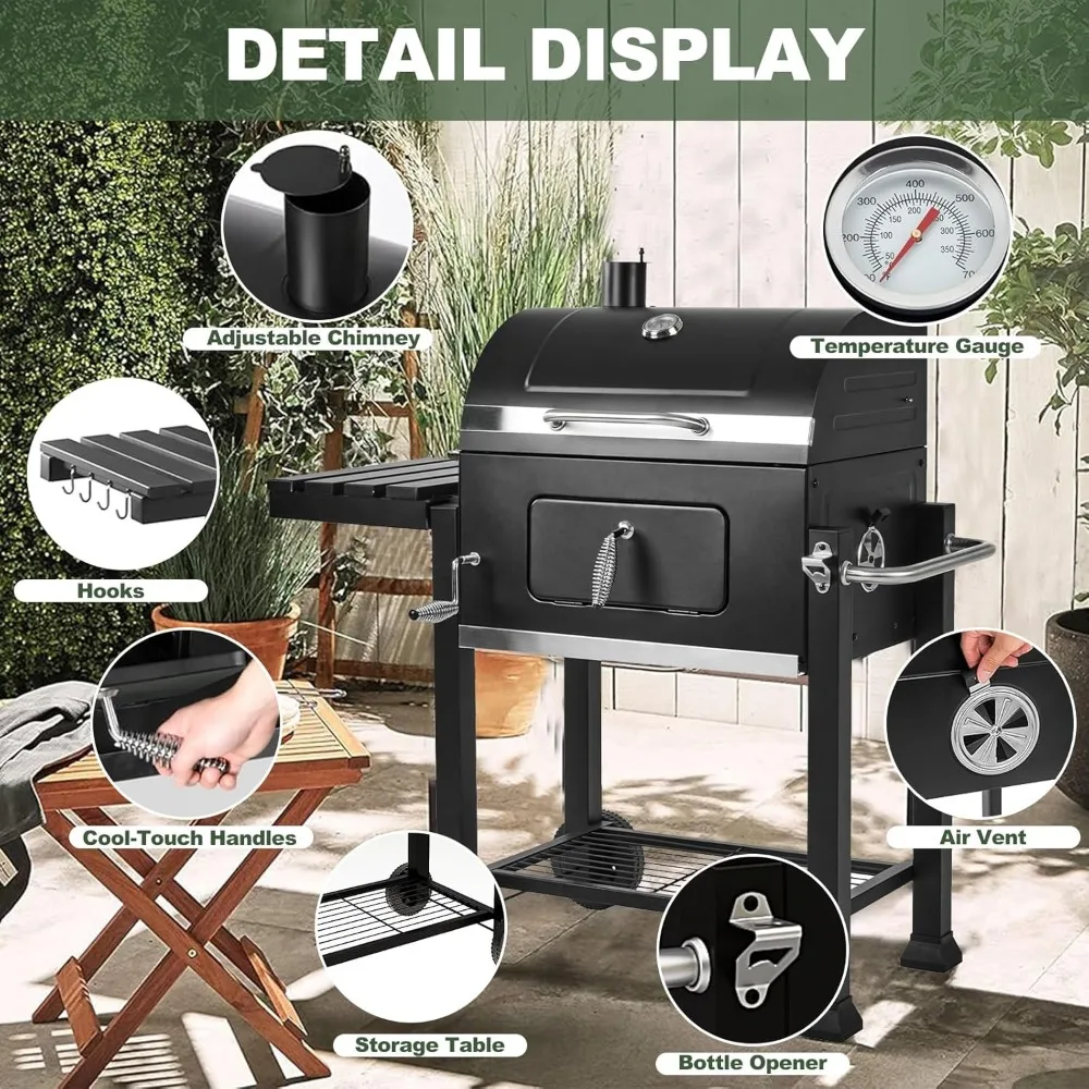 Charcoal Grills, Large Outdoor BBQ Grill Offset Smoker with Side Table Heavy Duty Outside Barbecue Grills Cooking Backyard Patio