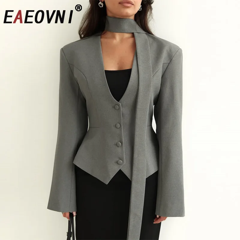 

EAEOVNI 2026, новый модный женский костюм, шарф с v-образным вырезом и длинными рукавами, бандажный пуговицы, куртка на талии, блейзер, элегантная одежда