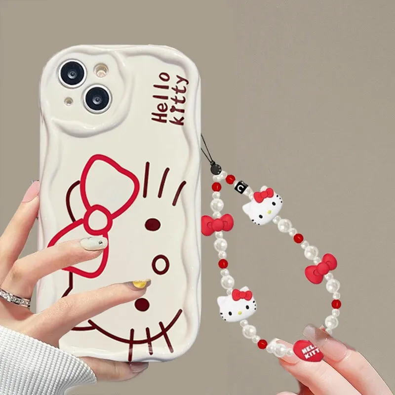 لطيف INS مرحبا كيتي مع سوار جراب هاتف لسامسونج غالاكسي S25 S24 S23 S21 S20 FE زائد الترا F06 4G 5G 3D موجة غطاء من البولي يوريثان الحراري