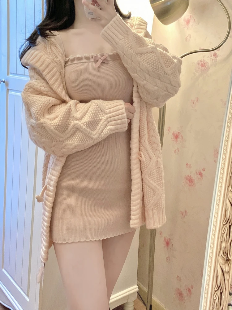 2023 Winter Long Sweater Cardigan + Bodycon Y2k Mini Skirt Pink Kawaii Knitted Dress Set Korean Fashion Sexy Slim Suit Woman