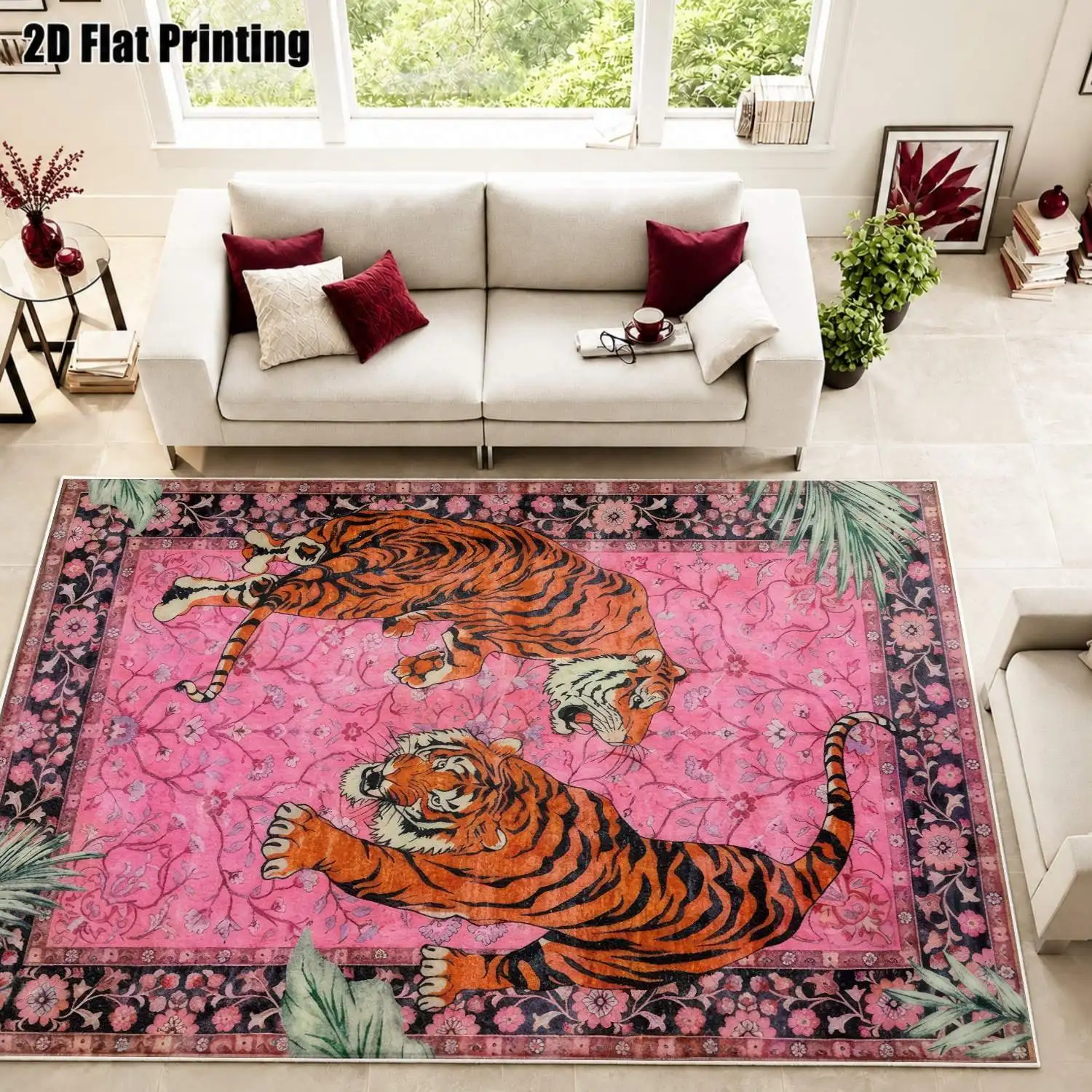 1Pc 2D Printed Pink Tiger Velvet Carpet: European/Bohemian/Vintage Floral Style, Multi-Size, Machine Washable, for Home Decor, Entryway/Dining Room/Bedroom/Living Room Use
