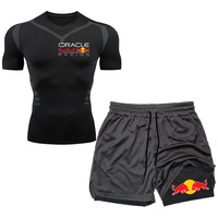 2025 Men's Red Bull Sports Street Wear Summer Breathable Leisure T-shirt Set Outdoor Fitness 2-in-1 Compression Shorts Sportswea