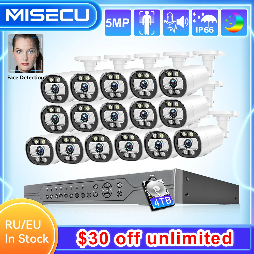 MISECU 5MP System 16CH POE CCTV Security NVR Kit Human/Face Detect Two Way Communication Outdoor IP Camera Surveillance System