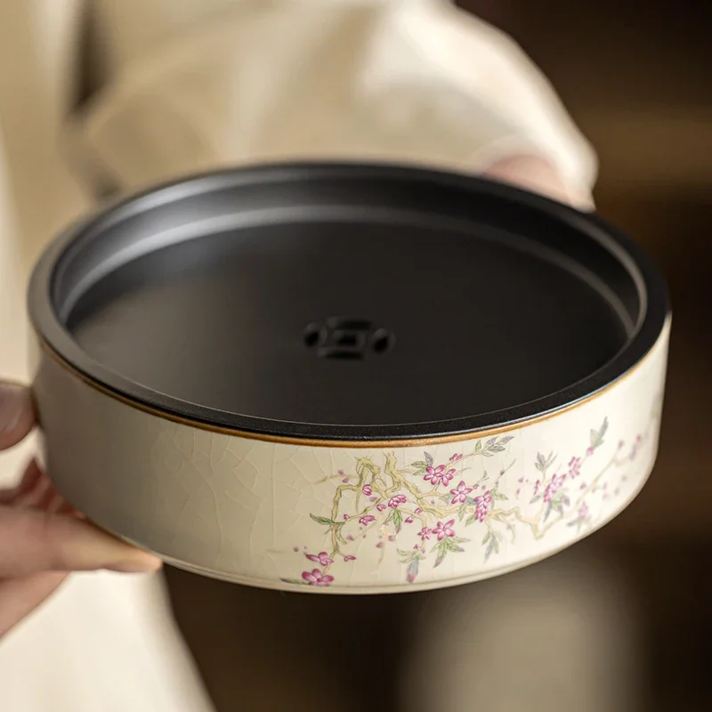 

Beige Ru Kiln Peach Blossom Branch Pot Bearing Ceramic Water Storage Kettle Mat Tea Teapot Base Tea Table Tray Tea Ceremony Set