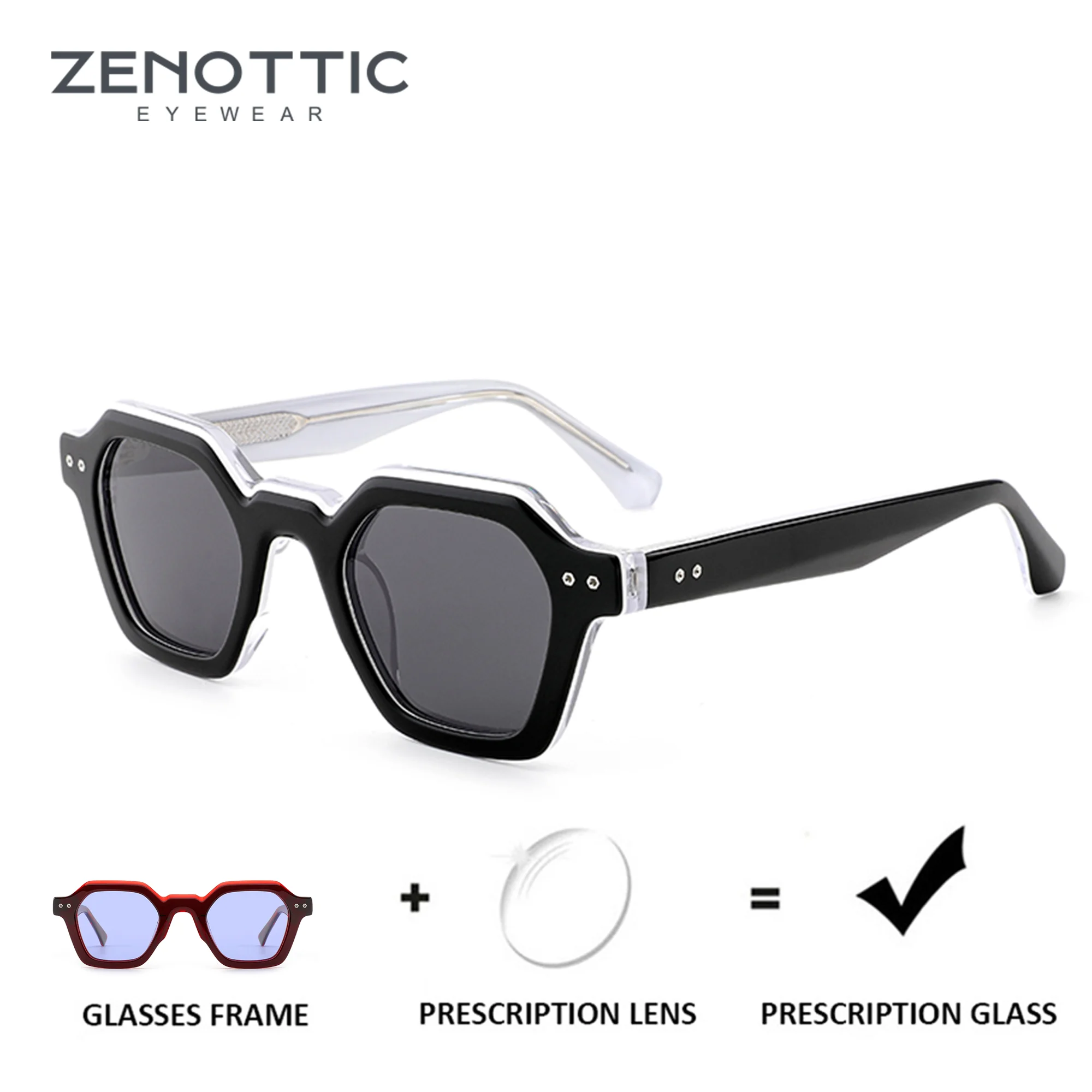 

ZENOTTIC Fashion Polygon Prescription Sunglasses for Women Acetate Frame UV400 Polarized Progressive Optical Lenses