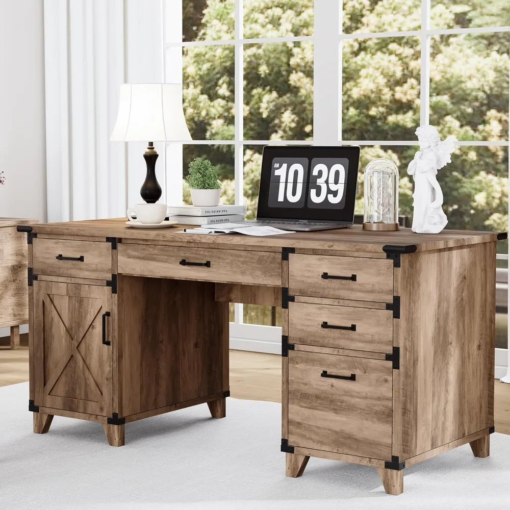

Farmhouse-Style Executive Desk with 5 Drawers, Wooden Home Office Desk featuring File Cabinet Storage and Keyboard Tray