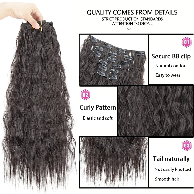Clip-in-Haarverlängerungen, langes Wasserwellen-Kunsthaar zum Hinzufügen von Länge und Volumen, Corn Curly Clip-in-Verlängerung für Frauen – Detail 3