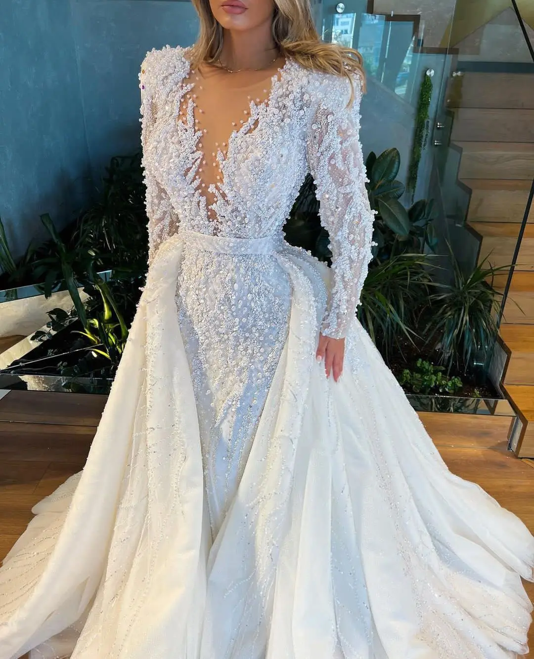 Vestidos De Novia De lujo De manga larga, cuello en V, encaje, perlas, lentejuelas, apliques, cuentas, tren desmontable, vestidos De Novia