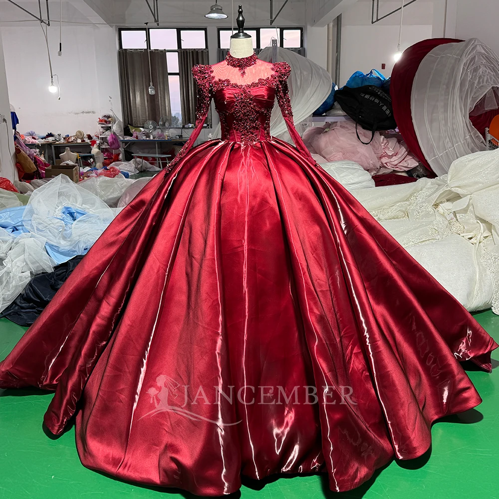 Classic Burgundy Ball Gown Customized Wedding Dress High Neck Mesh Long Sleeves Beaded Choker Satin Skirt vestidos de novia boda