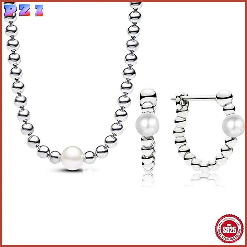 

Authentic 925 Sterling Silver Cultured Pearl & Beads Collier Necklace Earring For Women Jewelry Set Gift