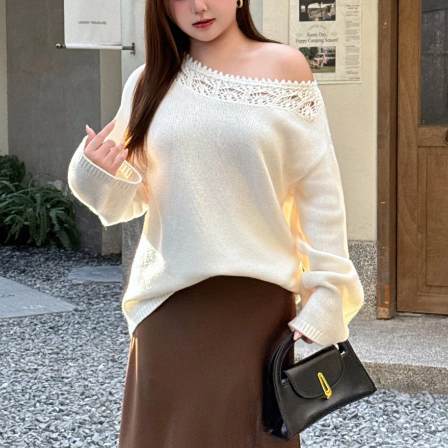 

Модный женский свитер больших размеров премиум-класса, вязаный крючком с открытыми плечами, свободный шерстяной вязаный осенне-зимний пуловер в стиле ретро 9297