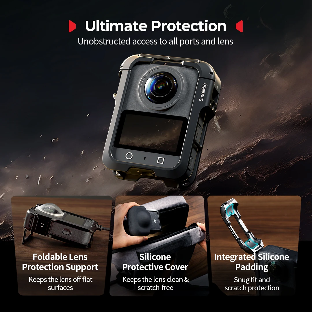 قفص صغير لـ DJI Osmo 360 مع غطاء عدسة سيليكون 1/4 بوصة - 20 برغي مع دبابيس مضادة للالتواء حذاء بارد خفيف الوزن للغاية 48 جرام -5704