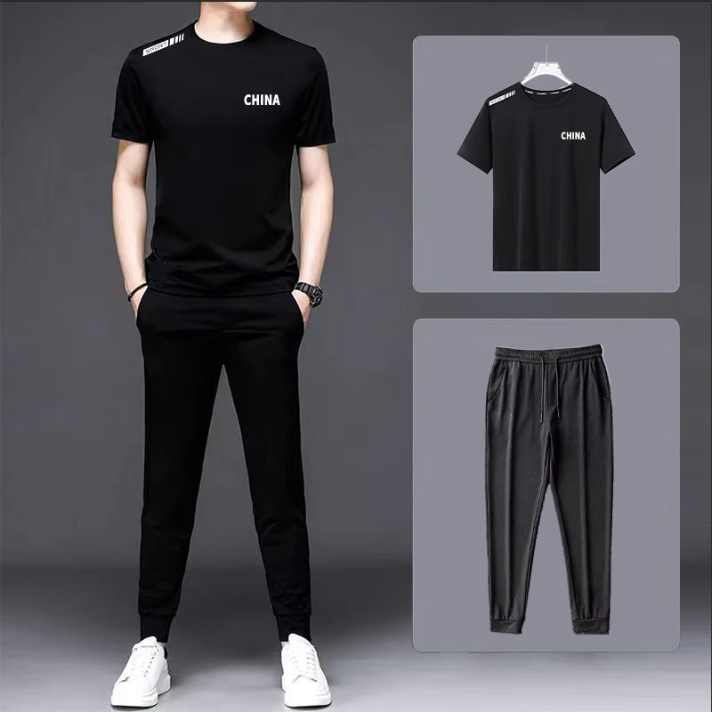 

Мужской комплект из ледяного шелка: быстросохнущая спортивная футболка с коротким рукавом свободного кроя, молодежная повседневная одежда из полиэстера для лета