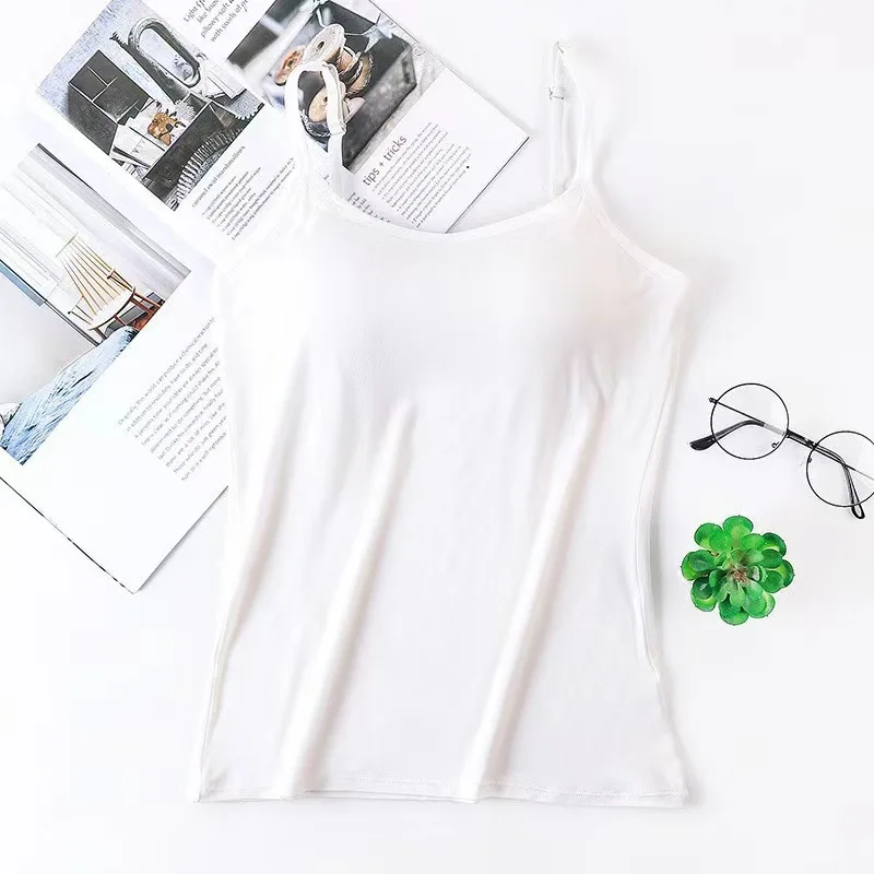 Undershirt Solid Color Smocked Camisole Tank Top with Bra Pads Tops Female Summer Underwear Bottoming Anti-walking Bustie