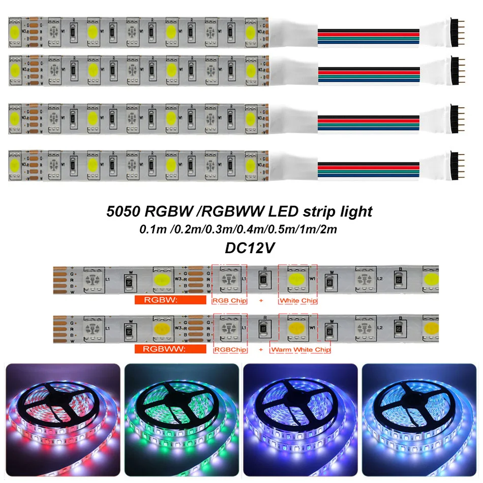 5050 RGBW RGBWW LED strip light DC12V RGB+(Warm/Cool White) 5pin IP30 /IP65 waterproof LED light Tape  0.1m/0.2m/0.5m/1m/2m