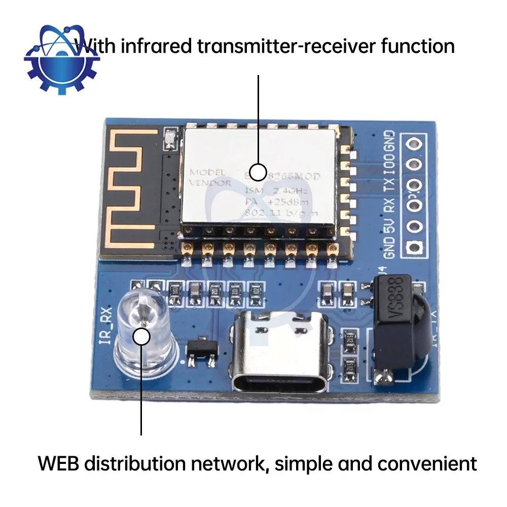 Imagem -02 - Transmissor Infravermelho-receptor Comando Nec Wifi Esp12f Módulo Tipo-c Módulo de Transmissão de Interface Placa de Desenvolvimento Esp8266