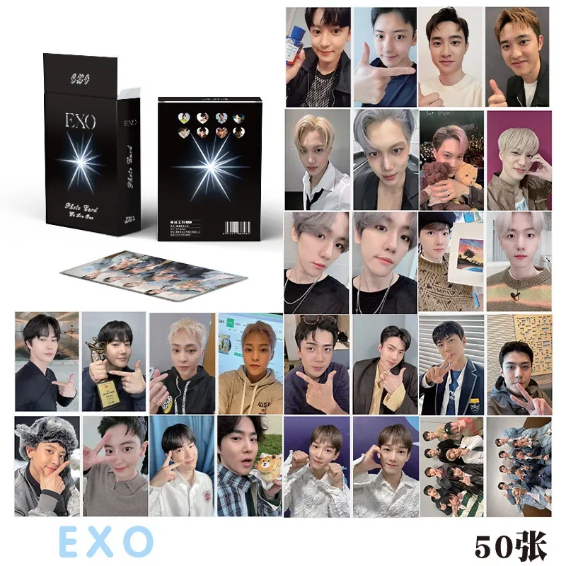 Póster de grupo coreano EXO SE HUN Baekhyun Wu Shixun Bian Baoxian en caja, tarjeta láser Lomo, fotos, tarjeta pequeña de 3 pulgadas, 50 piezas por juego