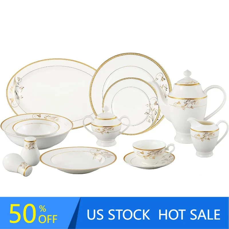 Lorren Home Trends La Luna Bone China 57-Piece 24K Gold Floral Design Dinnerware Set, Service for 8