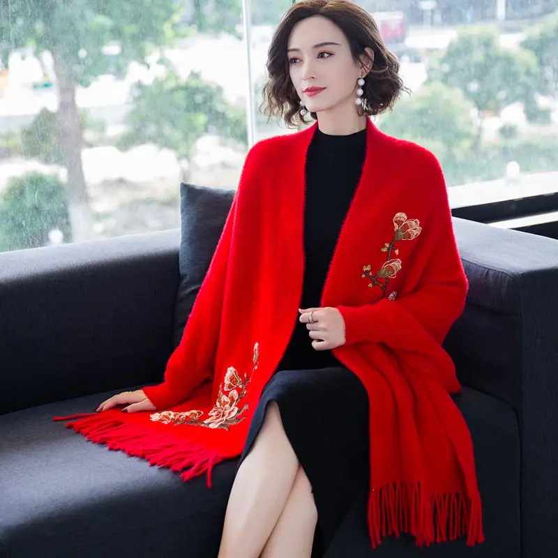 

Autumn and winter poncho women mink velvet shawl coat mid-length fringed scarf cloak cape cheongsam knitted cardigan coat female