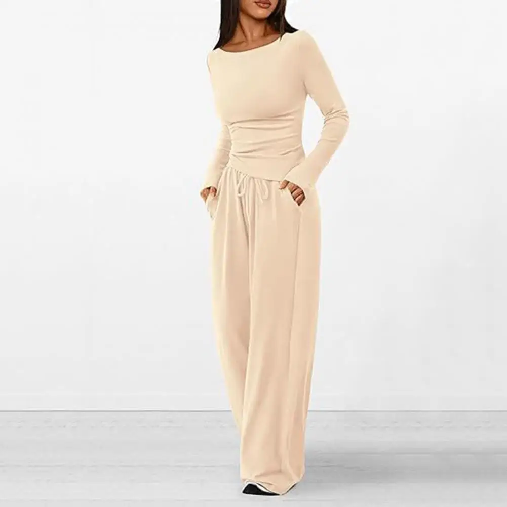 Women Solid Color Suit Two-piece Suit Stylish Women's Top Pants Set with Round Neck Blouse Wide Leg Trousers Solid for Fall