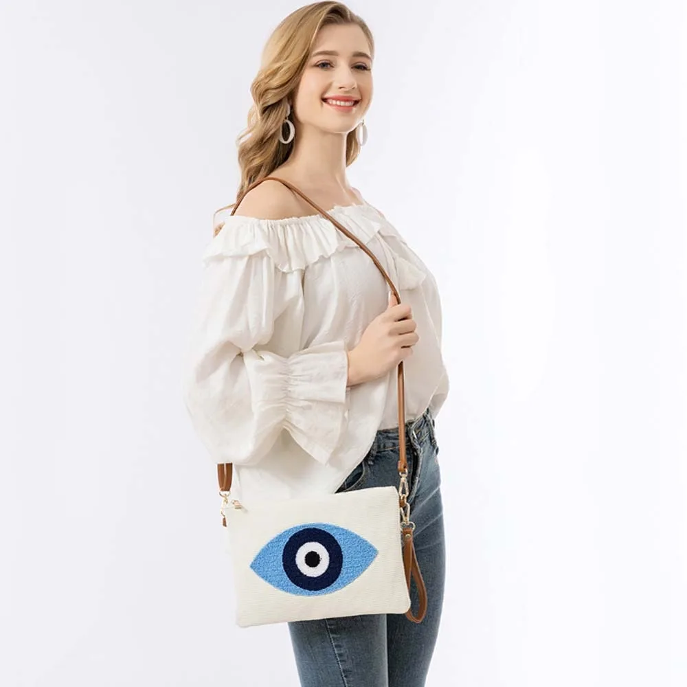 

Embroidered Demon Eye Crossbody Bag Detachable Shoulder Strap Soft Blue Eye Handbag Blue White Cotton Shoulder Bag School