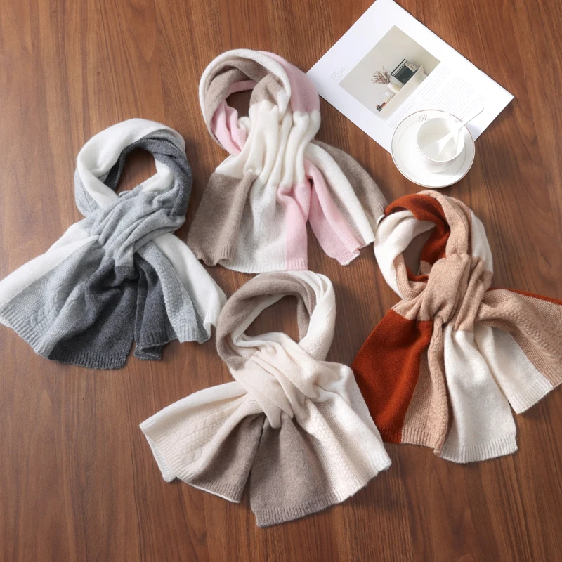 100% Merino Wool Knitted Cross Scarf Thickened Patchwork Color Warm Soft Neckerchief Windproof Korea Fashion Scarves Wraps