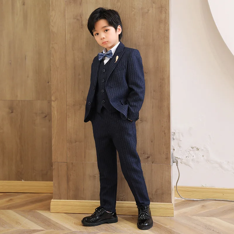 OLEKID Children Boys Wedding Suit Kids Boys Blue Striped Blazer 5/6 Piece Suits 1-10Y Boys Child Suit Elegant Boys Kids Costume