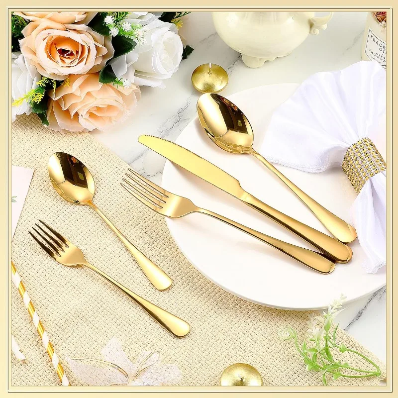 300 Pcs Gold Stainless Steel Flatware Set Service for 60 Guest Gold Silverware Cutlery Utensil Set with Fork Knife Spoon image 4