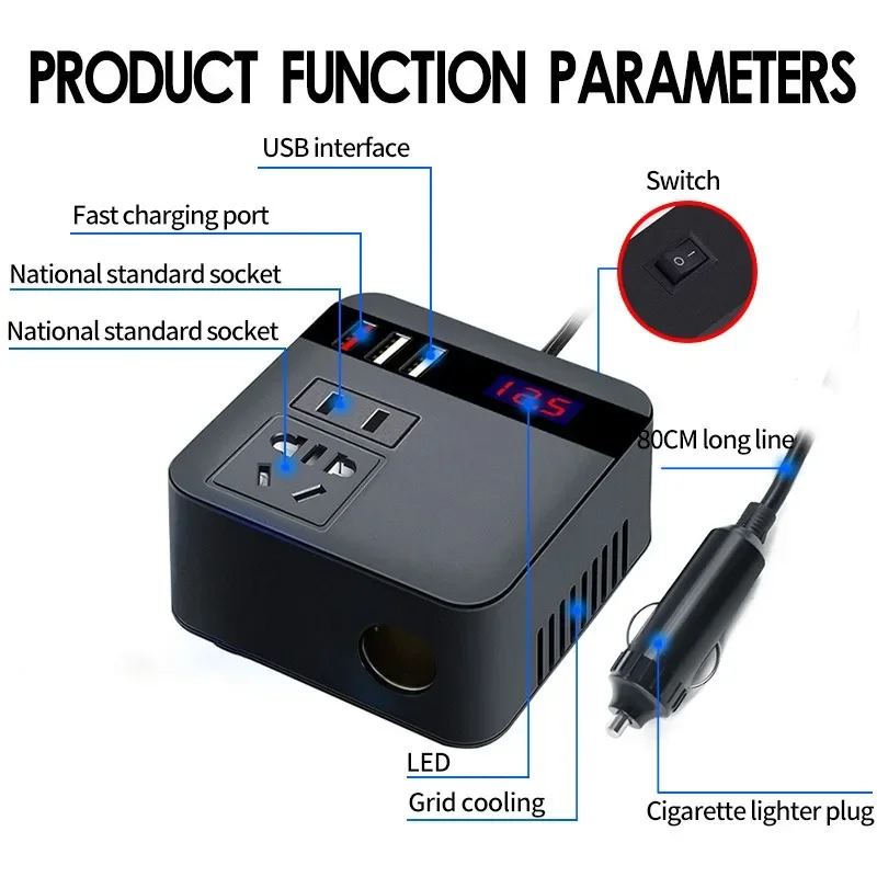 ​​High-Output Onboard Power Inverter - Smart LED Display with 3-Port USB Hub & Overvoltage Protection​​