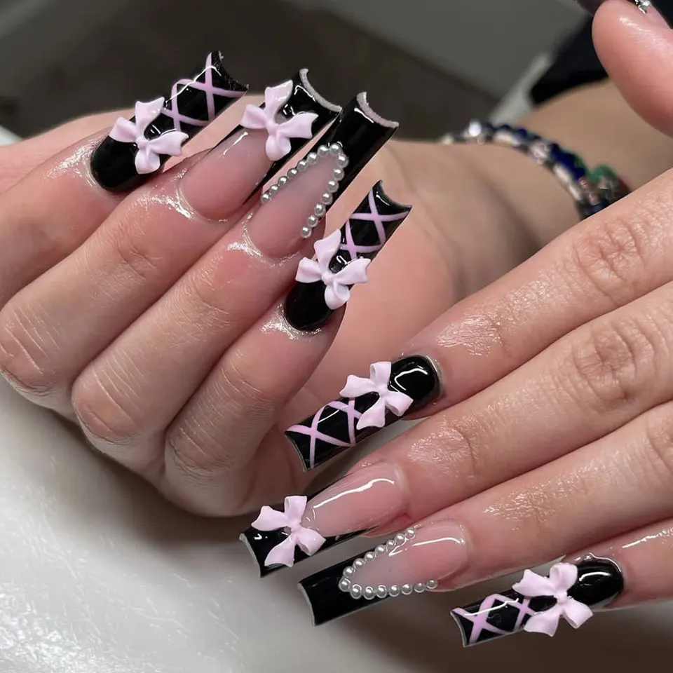 24 piezas de uñas postizas largas cofre francés con pegamento, lazo y diamante, uñas acrílicas press-on negras bailarina, punta de manicura 4